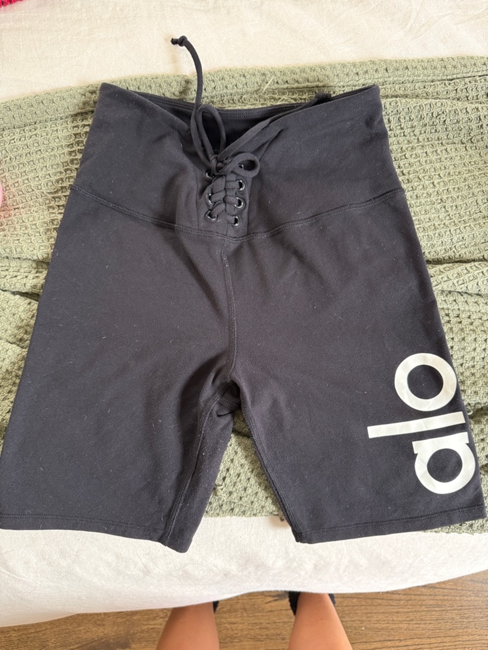 ALO Yoga Black High-Waist Lace-Up Bike Shorts with White Logo